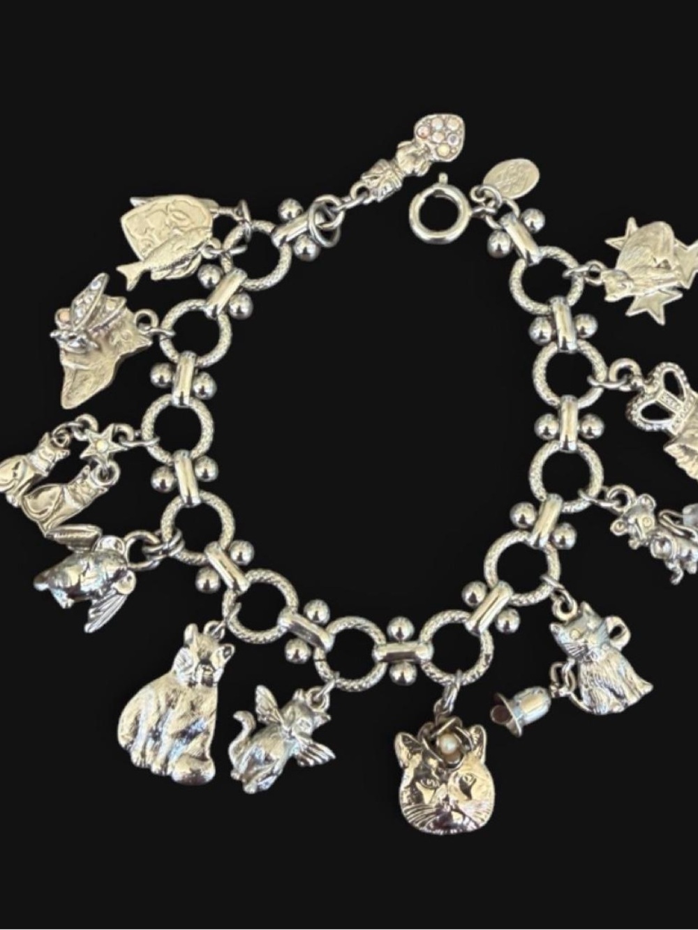 Kirks Folly Whimsical Cat Theme Charm Bracelet  😻-Silver Tone (1990s)
